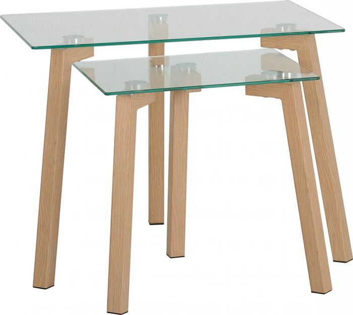 Morton Nest of Tables in Clear Glass With Oak Effect Veneer